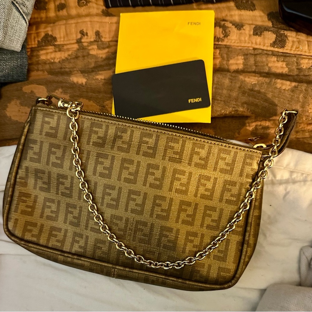 Fendi Brown Clutch with Monogram Pattern and Chain Strap